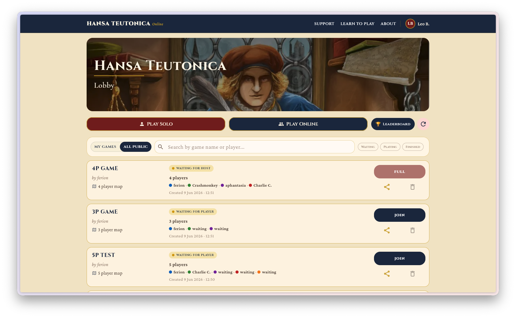 The Hansa Teutonica Online lobby